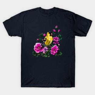 Goldfinch Surrounded By Pink Wild Roses Iowa State Tattoo Art T-Shirt